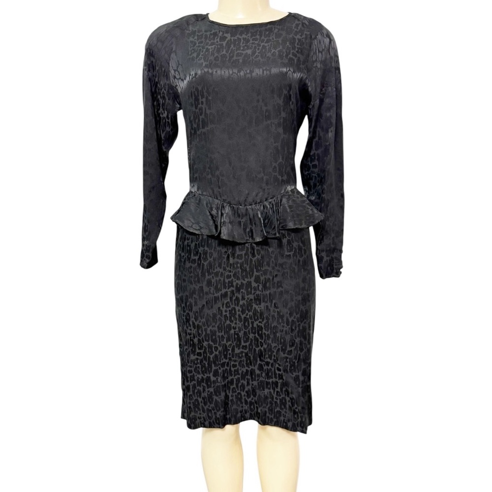 Vintage Argenti Petites 6 Silk Dress‎ Black Animal Print Peplum Slit Long Sleeve